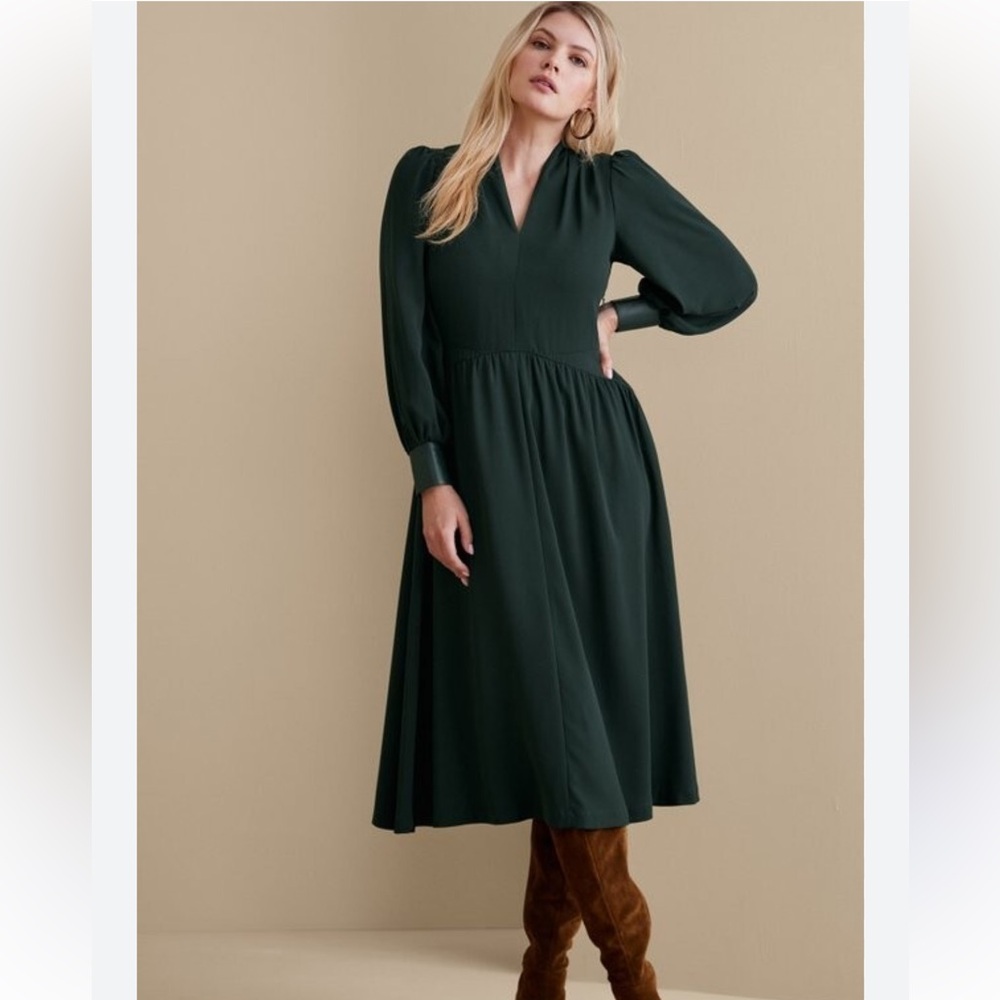 Soft Surroundings Forest Green Long Sleeve Midi Pleated Dress Size 10 Petite